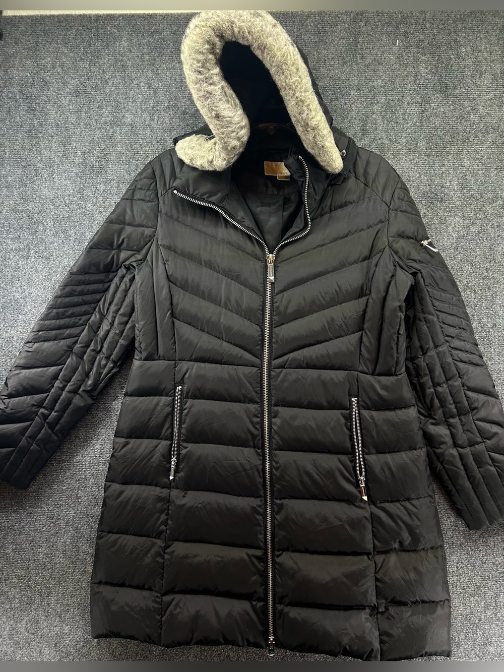 Michael‎ Kors Down Quilted Puffer Jacket w/Hood Large Black Full Zip Mid Length